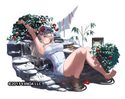Rule 34 | 1girl, 2013, ;), arm behind head, armpits, arms up, awakening (sennen sensou aigis), barefoot, black hairband, breasts, bush, chiyome (sennen sensou aigis), cleavage, closed mouth, commentary request, company name, dappled sunlight, dot nose, flower, hair between eyes, hair ornament, hairband, head tilt, knees together feet apart, knees up, lantern, large breasts, leaning back, light blush, long hair, looking at viewer, naked towel, official art, one eye closed, partially submerged, plant, purple eyes, red flower, red ribbon, ribbon, rock, satsuki neko, sennen sensou aigis, shuriken, sidelocks, silver hair, sitting, smile, snow, snow rabbit, solo, sunlight, sword hilt, toes, towel, water, water spring, weapon