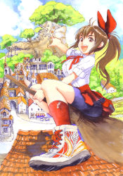 Rule 34 | bow, breasts, broom, brown eyes, brown hair, cloud, curvy, day, flying, hair bow, hirokazu, large breasts, open mouth, pointing, ponytail, red socks, school uniform, shoes, sky, smile, sneakers, socks, solo