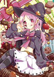 Rule 34 | absurdres, black cape, black hat, candy, cape, chocolate, chocolate heart, chocolate on face, cookie, food, food on face, hair ornament, hat, heart, highres, magia record: mahou shoujo madoka magica gaiden, magical girl, mahou shoujo madoka magica, megitti, misono karin, pink ribbon, purple eyes, purple hair, ribbon, sitting, skirt, star (symbol), star hair ornament, striped clothes, striped thighhighs, sweets, thighhighs, tongue, valentine, white skirt, witch hat