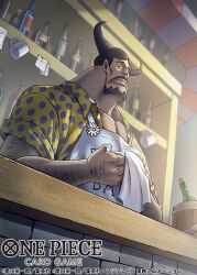 Rule 34 | 1boy, apron, arm hair, beard, black hair, blueno, bottle, commentary request, cup, facial hair, glint, holding, holding cup, kuroda asaki, looking ahead, male focus, mustache, official art, one piece, one piece card game, solo, upper body, white apron, wine bottle