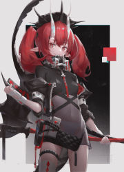 Rule 34 | 1girl, absurdres, anhao1224, black shirt, breasts, commentary, dragon girl, dragon horns, dragon tail, fingerless gloves, gloves, grin, highres, holding, horns, katana, looking at viewer, navel, original, panties, pointy ears, red eyes, red hair, see-through, sharp teeth, shirt, short sleeves, small breasts, smile, solo, standing, sword, symbol-only commentary, tail, teeth, thick eyebrows, twintails, underwear, weapon, white gloves, white panties