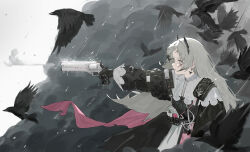 Rule 34 | 1girl, ammunition belt, arknights, bird, black dress, black gloves, capelet, crow, dress, earrings, feather hair ornament, feathers, fishofthelakes, floating hair, flock, from side, gloves, grey eyes, grey hair, gun, hair ornament, handgun, highres, holding, holding gun, holding weapon, irene (arknights), jewelry, long hair, long sleeves, looking ahead, open mouth, outstretched arm, pink pupils, pink sash, puffy long sleeves, puffy sleeves, quilted clothes, rain, rapier, revolver, sash, scar, scar across eye, serious, sheath, sheathed, short bangs, short eyebrows, sleeve cuffs, smoke, smoke trail, solo, sword, water drop, weapon, white capelet, wind