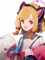 Rule 34 | 1girl, absurdres, animal ear headphones, animal ears, blonde hair, blue archive, cat ear headphones, coat, fake animal ears, halo, headphones, highres, hikawayunn, long sleeves, looking at viewer, momoi (blue archive), off shoulder, open mouth, pink eyes, shirt, simple background, sleeves past wrists, solo, upper body, white background, white shirt