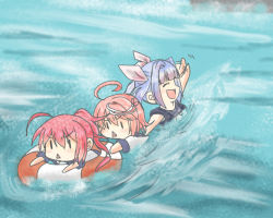 Rule 34 | 10s, 3girls, blue hair, closed eyes, commentary, hair ornament, hair ribbon, hand wave, i-168 (kancolle), i-19 (kancolle), i-58 (kancolle), innertube, kantai collection, long hair, multiple girls, ocean, pink hair, ponytail, ribbon, school swimsuit, short hair, smile, swim ring, swimming, swimsuit, taisa (kari), triangle mouth, twintails, waving, | |