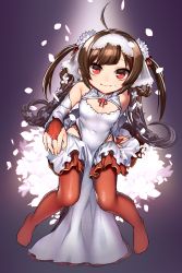 Rule 34 | 1girl, ahoge, azur lane, blunt bangs, breasts, bridal gauntlets, bridal veil, brown hair, closed mouth, dress, from above, full body, glint, hairband, highres, jewelry, kaida michi, layered skirt, long hair, looking at viewer, miniskirt, pantyhose, pelvic curtain, petals, ping hai (azur lane), purple background, red pantyhose, red skirt, ring, simple background, sitting, skirt, small breasts, smile, solo, two side up, veil, very long hair, wedding band, wedding dress, white dress, white hairband, white skirt