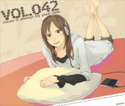 Rule 34 | 1girl, barefoot, dated, digital media player, english text, headphones, ipod, looking at viewer, lying, on stomach, original, pillow, smile, solo, the pose, yoshito