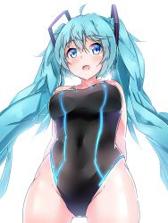 Rule 34 | 1girl, :d, absurdres, ahoge, aqua hair, arms behind back, backlighting, bare shoulders, black one-piece swimsuit, blue eyes, blush, breasts, covered navel, cowboy shot, from below, glowing, gluteal fold, hair between eyes, halkawa501, hatsune miku, highres, long hair, looking at viewer, looking down, medium breasts, one-piece swimsuit, open mouth, simple background, smile, solo, swimsuit, tareme, very long hair, vocaloid, white background, wide hips