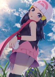 Rule 34 | 1girl, ashino moto, black hair, black shirt, black thighhighs, closed mouth, cloud, commentary request, creatures (company), dawn (pokemon), day, eyelashes, from below, game freak, grass, grey eyes, hair ornament, hairclip, highres, holding, holding poke ball, long hair, looking down, nintendo, no panties, outdoors, over-kneehighs, pink skirt, poke ball, poke ball (basic), pokemon, pokemon dppt, poketch, scarf, shirt, sidelocks, skirt, sky, sleeveless, sleeveless shirt, solo, thighhighs, tongue, tongue out, watch, wristwatch