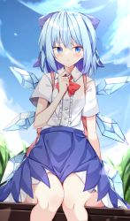Rule 34 | 1girl, alternate costume, bad id, bad pixiv id, blue bow, blue eyes, blue hair, blue skirt, blue sky, bow, bowtie, cirno, closed mouth, cloud, hair bow, highres, ice, ice wings, looking at viewer, outdoors, red bow, red bowtie, sabana, school uniform, shirt, short sleeves, sitting, skirt, sky, solo, sweatdrop, touhou, white shirt, wings