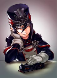 Rule 34 | 1girl, black hair, black hat, closed mouth, crossover, drawfag, gloves, hair between eyes, hat, highres, leaning, leaning to the side, long sleeves, military, military hat, military uniform, morag ladair (xenoblade), nintendo, orange eyes, reverse trap, short hair, smile, solo, thomas the tank engine, thomas the tank engine (character), toy, uniform, white gloves, xenoblade chronicles (series), xenoblade chronicles 2