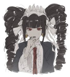 Rule 34 | 1girl, bell, bell earrings, black hair, black jacket, blunt bangs, celestia ludenberg, center frills, cropped torso, danganronpa: trigger happy havoc, danganronpa (series), drill hair, earrings, frills, hand up, highres, jacket, jewelry, long hair, long sleeves, lower teeth only, necktie, open clothes, open jacket, print necktie, red eyes, red necktie, shirt, simple background, solo, sweat, teeth, twin drills, twintails, white shirt, yochilyee