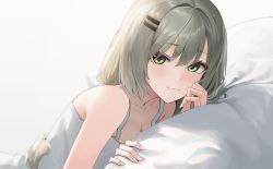 Rule 34 | 1girl, :3, absurdres, bare shoulders, breasts, check copyright, cleavage, collarbone, copyright request, green eyes, grey hair, hair ornament, hairclip, highres, long hair, looking at viewer, michelan, original, pillow, shirt, sleeveless, sleeveless shirt, smile, solo, spaghetti strap, white shirt