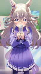 Rule 34 | 1girl, absurdres, animal ears, blue eyes, blurry, blurry background, blush, cellphone, commentary request, covered mouth, grey hair, highres, horse ears, horse girl, horse tail, looking at viewer, phone, poster (object), potemaro, school uniform, solo, tail, thick eyebrows, thighhighs, tracen school uniform, umamusume, wonder acute (umamusume)