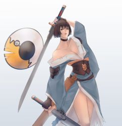 Rule 34 | 1girl, arc system works, black hair, blue eyes, breasts, choker, cleavage, collarbone, fingerless gloves, gloves, hard corps: uprising, highres, japanese clothes, konami, large breasts, sayuri (hard corps), sword, weapon