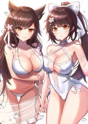 Rule 34 | &gt;:(, 2girls, animal ear fluff, animal ears, atago (azur lane), atago (summer march) (azur lane), atago (summer march) (azur lane), azur lane, bare shoulders, bikini, blush, bow, breasts, brown hair, casual one-piece swimsuit, choker, cleavage, closed mouth, collarbone, criss-cross halter, flower, hair bow, hair flower, hair ornament, halterneck, high ponytail, highres, holding hands, interlocked fingers, large breasts, leaning forward, long hair, looking at viewer, mole, mole under eye, multiple girls, one-piece swimsuit, ribbon, rothy (user cezn8425), sarong, see-through, side-tie bikini bottom, simple background, smile, swept bangs, swimsuit, takao (azur lane), takao (beach rhapsody) (azur lane), thigh gap, thighs, v-shaped eyebrows, very long hair, white background, white bikini, white bow, white choker, white one-piece swimsuit, white ribbon, wristband