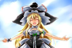 Rule 34 | 1girl, :d, blonde hair, bow, curiosities of lotus asia, closed eyes, female focus, hair bow, hat, k2isu, kirisame marisa, long hair, open mouth, outstretched arms, sidelocks, sky, smile, solo, spread arms, touhou, very long hair, witch, witch hat, wrist cuffs