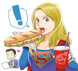 Rule 34 | 1boy, 1girl, blonde hair, blue eyes, brown hair, cape, computer, crumbs, dc comics, drink, eating, food, food on face, heart, laptop, looking at viewer, open mouth, sandwich, solo focus, submarine sandwich, supergirl, superman (series), white background, winn schott, yafu (yahuxx28)