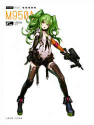 Rule 34 | 1girl, absurdres, artist request, boots, breasts, calico m950, calico m950a, cheek pistol, double-stack magazine, elbow gloves, full body, girls&#039; frontline, gloves, green hair, gun, handgun, helical magazine, high-capacity magazine, highres, looking at viewer, m950a (girls&#039; frontline), machine pistol, medium breasts, non-web source, official art, open mouth, pistol, platform boots, platform footwear, scan, short sleeves, shorts, simple background, stubby grip, thighhighs, twintails, vertical forward grip, weapon, white background, yellow eyes