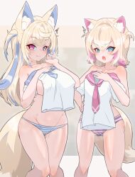 Rule 34 | 2girls, animal ear fluff, animal ears, blonde hair, blue eyes, blue hair, blue nails, blue necktie, blue panties, blue sailor collar, blush, breasts, closed mouth, collarbone, commentary, covering privates, dog ears, dog girl, dog tail, english commentary, feet out of frame, fuwawa abyssgard, groin, hair between eyes, hand on own hip, heart, heart-shaped pupils, heavy breathing, highres, hololive, hololive english, large breasts, long hair, looking at viewer, medium hair, mococo abyssgard, moral cacoethes, multicolored hair, multiple girls, nail polish, necktie, nude cover, open mouth, paid reward available, panties, pink eyes, pink hair, pink nails, pink necktie, pink panties, pink sailor collar, sailor collar, sailor shirt, shirt, short necktie, siblings, sisters, small breasts, smile, standing, steam, streaked hair, striped clothes, striped panties, symbol-shaped pupils, tail, twins, two side up, underwear, underwear only, unworn shit, virtual youtuber, white shirt
