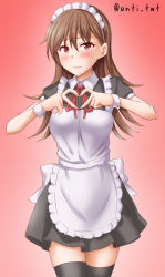 Rule 34 | 1girl, alternate costume, anti (untea9), apron, black dress, black thighhighs, blush, breasts, brown eyes, brown hair, collared dress, cowboy shot, dress, enmaided, frilled apron, frilled dress, frills, gradient background, hair between eyes, heart, heart hands, highres, kantai collection, long hair, maid, maid apron, maid headdress, medium breasts, ooi (kancolle), pink background, puffy short sleeves, puffy sleeves, red neckwear, short sleeves, solo, sweatdrop, thighhighs, twitter username, white apron, wrist cuffs
