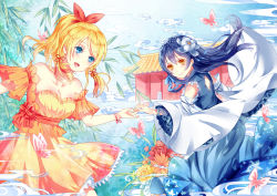 Rule 34 | 10s, 2girls, alternate costume, ayase eli, back cutout, bare shoulders, blonde hair, blue eyes, blue hair, blush, bracelet, breasts, brown eyes, bug, butterfly, clothing cutout, cloud, detached sleeves, dress, earrings, eyelashes, flower, frilled sleeves, frills, hair ribbon, holding hands, house, bug, jewelry, long dress, long hair, love live!, love live! school idol festival, love live! school idol project, luoye, medium breasts, multiple girls, open mouth, plant, ponytail, ribbon, short sleeves, skirt, smile, sonoda umi, water, yellow eyes