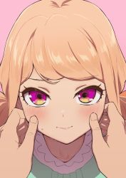 Rule 34 | 1girl, 1other, aikatsu! (series), aikatsu stars!, blonde hair, blush, cheek pinching, closed mouth, commission, fingernails, highres, kasumi mahiru, looking at viewer, low twintails, osame, pinching, pink background, pink eyes, pov, pov hands, skeb commission, solo focus, twintails, upturned eyes
