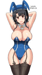 Rule 34 | 1girl, adapted costume, beret, black hair, blue leotard, blush, breasts, embarrassed, garter straps, gluteal fold, hat, highres, kantai collection, kishi nisen, large breasts, leotard, looking at viewer, open mouth, playboy bunny, red eyes, short hair, simple background, solo, sweatdrop, takao (kancolle), thighhighs, twitter username, white background