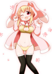 Rule 34 | 10s, 1girl, ;d, animal hood, battle girl high school, black thighhighs, blonde hair, blush, bow, bra, breasts, cat cutout, cat ear panties, cat lingerie, cleavage, cleavage cutout, clothing cutout, commentary request, eyebrows, frilled bra, frilled thighhighs, frills, hat, hat bow, hood, hooded sweater, lingerie, looking at viewer, medium breasts, meme attire, midriff, minami (colorful palette), navel, neck ribbon, one eye closed, open mouth, panties, paw print, rabbit hood, red eyes, ribbon, short hair with long locks, side-tie panties, sidelocks, sleeves past wrists, smile, solo, sweater, thighhighs, underwear, watagi michelle, yellow bra, yellow panties