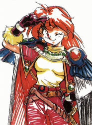 Rule 34 | araizumi rui, armor, belt, cape, earrings, gloves, headband, jewelry, lina inverse, marker (medium), necklace, one eye closed, pauldrons, red eyes, red hair, salute, shoulder armor, slayers, solo, traditional media, wink