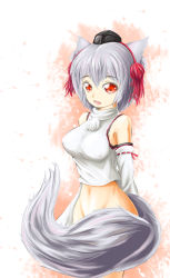 Rule 34 | 1girl, animal ears, bare shoulders, bottomless, breasts, detached sleeves, groin, hat, inubashiri momiji, navel, onigiri (artist), open mouth, pom pom (clothes), red eyes, short hair, silver hair, solo, tail, tail censor, tokin hat, touhou, wolf ears, wolf tail