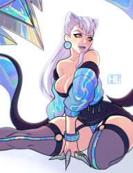 Rule 34 | 1girl, absurdres, black thighhighs, breasts, claw (weapon), cropped jacket, demon girl, evelynn (league of legends), highres, hioya, k/da (league of legends), k/da all out evelynn, league of legends, open clothes, solo, thighhighs, weapon, yellow eyes