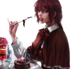 Rule 34 | 1girl, blueberry, bow, bowtie, buttons, cake, cape, chocolate cake, dessert, eating, food, food in mouth, fruit, highres, ice cream, long sleeves, looking at viewer, medium hair, okazaki yumemi, raspberry, realistic, red eyes, red hair, saliva, simple background, strawberry, tagme, touhou, touhou (pc-98), whipped cream, white background, yuriya (riyuclock 19)
