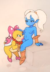 Rule 34 | 1futa, 1girl, 34no404, armor, bald, bangle, blue eyes, blue skin, bow, bracelet, bracer, breasts, colored skin, crossover, dark nipples, fellatio, furry, futa with female, futanari, greaves, hair bow, hand on another&#039;s head, high heels, jewelry, koopalings, league of legends, lipstick, long hair, makeup, mario (series), multiple girls, navel, necklace, nintendo, nipples, nude, oral, pearl necklace, penis, pointy ears, poppy (league of legends), shell, silver hair, simple background, sitting, small breasts, spikes, super mario bros. 1, tsurime, twintails, uncensored, wendy o. koopa, yordle
