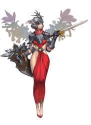 Rule 34 | 1girl, armor, armored dress, asymmetrical clothes, blue eyes, breastplate, breasts, circlet, couter, dospi, dress, eyelashes, full body, gauntlets, grey hair, groin, high heels, highres, holding, holding shield, holding sword, holding weapon, left-handed, legs together, lips, looking away, no panties, no socks, o-ring, pauldrons, pumps, red dress, revealing clothes, shield, short hair, shoulder armor, simple background, slippers, solo, standing, sword, weapon, white background, wings