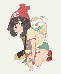 Rule 34 | 1girl, animal, bag, beanie, black hair, blue eyes, creatures (company), eyebrows, game freak, gen 7 pokemon, hat, highres, nintendo, open mouth, pokemon, pokemon (creature), pokemon sm, rowlet, selene (pokemon), shirt, shoes, short hair, shorts, simple background, unapoppo, white background
