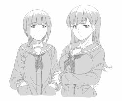 Rule 34 | 10s, 2girls, blunt bangs, braid, breasts, greyscale, hair ribbon, hands in pockets, kantai collection, kitakami (kancolle), large breasts, long hair, long sleeves, monochrome, multiple girls, nathaniel pennel, neckerchief, ooi (kancolle), ribbon, school uniform, serafuku, sidelocks, simple background, tress ribbon, white background