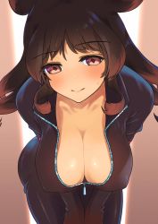 Rule 34 | 1girl, 910m27r, animal ears, bent over, black hair, blush, breasts, cleavage, closed mouth, collarbone, covered erect nipples, curly hair, downblouse, hanging breasts, highres, hippopotamus (kemono friends), hippopotamus ears, jacket, kemono friends, large breasts, long hair, long sleeves, looking at viewer, multicolored hair, pants, partially unzipped, red eyes, red hair, smile, solo, two-tone hair, v arms, zipper
