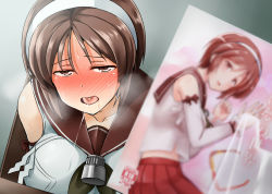 Rule 34 | 10s, 1girl, blush, book stand, breasts, brown eyes, brown hair, drooling, implied masturbation, kamelie, kantai collection, large breasts, manga (object), natori (kancolle), sweat