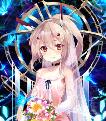 Rule 34 | 1girl, ayanami (azur lane), azur lane, bare shoulders, blonde hair, bouquet, breasts, bug, butterfly, choker, closed mouth, collarbone, commentary request, dress, elbow gloves, flower, gloves, hair between eyes, hair ornament, headgear, holding, holding bouquet, insect, long hair, looking at viewer, orange eyes, ponytail, retrofit (azur lane), shirokitsune, sleeveless, sleeveless dress, small breasts, smile, solo, strapless, strapless dress, upper body, wedding dress, white dress, white gloves