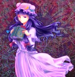 Rule 34 | 1girl, bad id, bad pixiv id, book, bow, capelet, circle, crescent, crescent hair ornament, double bun, dress, floral background, hair bow, hair bun, hair ornament, hat, highres, long hair, long sleeves, looking at viewer, mob cap, open book, patchouli knowledge, pentagram, purple eyes, purple hair, robe, saikikkaagobou, sidelocks, solo, striped clothes, striped dress, touhou, wind