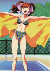Rule 34 | 1990s (style), asahina yurina, bikini, breasts, closed eyes, covered erect nipples, day, facing viewer, feet out of frame, hair ribbon, halterneck, highres, holding, holding towel, long hair, medium breasts, navel, official art, open mouth, outdoors, outstretched arms, plaid, plaid bikini, pool, pool ladder, red hair, retro artstyle, ribbon, scan, solo, spread arms, standing, super real mahjong, swimsuit, tanaka ryou, towel, twintails