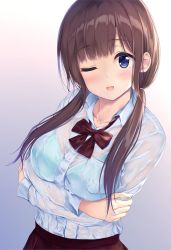 Rule 34 | 1girl, ;d, aqua bra, blue eyes, blush, bow, bowtie, bra, bra visible through clothes, breast hold, breasts, brown hair, buttons, collarbone, collared shirt, dress shirt, gradient background, hair over shoulder, highres, large breasts, long hair, long sleeves, looking at viewer, low twintails, one eye closed, open mouth, original, pasdar, pleated skirt, red bow, red bowtie, red skirt, school uniform, see-through, shirt, shirt tucked in, sidelocks, skirt, smile, solo, twintails, underwear, upper body, wet, wet clothes, wet shirt, white shirt