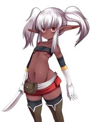 Rule 34 | 1girl, blush, boots, breasts, dagger, dark-skinned female, dark skin, doku corne, elbow gloves, female focus, gauntlets, gloves, groin, highres, holding, holding weapon, knife, midriff, miniskirt, navel, original, pointy ears, red eyes, sara (doku corne), sidelocks, simple background, skirt, small breasts, smile, solo, strapless, thigh boots, thighhighs, tube top, twintails, underboob, weapon, white background, white hair, wide hips
