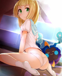 Rule 34 | 1girl, :&gt;, ass, backlighting, between legs, blonde hair, blunt bangs, carpet, closed eyes, closed mouth, commentary request, cosmog, couch, creatures (company), day, feet, flat chest, full body, game freak, gen 7 pokemon, green eyes, guranyto, hand between legs, hood, hood down, indoors, leaning forward, legendary pokemon, lillie (pokemon), long hair, looking at viewer, looking back, nintendo, no headwear, no pants, no shoes, on floor, pokemon, pokemon (creature), pokemon sm, ponytail, puffy short sleeves, puffy sleeves, shirt, short sleeves, sitting, smile, socks, soles, sunlight, table, tareme, thighs, toes, under table, wariza, white shirt