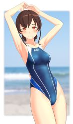 Rule 34 | 1girl, absurdres, arms up, blue sky, blue one-piece swimsuit, blurry, breasts, brown hair, clothes writing, cloud, competition swimsuit, cowboy shot, day, depth of field, highres, horizon, kantai collection, long hair, looking at viewer, low ponytail, multicolored clothes, multicolored swimsuit, ocean, one-piece swimsuit, orange eyes, outdoors, parted lips, sky, small breasts, solo, souya (kancolle), swimsuit, takafumi, waves