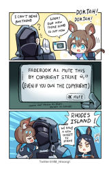 Rule 34 | 1other, 2girls, ambiguous gender, amiya (arknights), angry, animal ears, arknights, baby carry, carrying, chibi, crying, dobermann (arknights), doctor (arknights), dog ears, dog girl, english text, facebook, gloves, highres, hm (hmongt), hood, multiple girls, mute speaker sign, rabbit ears, rabbit girl, right-to-left comic, speech bubble, tablet pc