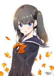 Rule 34 | 1girl, autumn leaves, black hair, black jacket, blue eyes, blurry, blurry background, blush, bow, bowtie, commentary request, highres, jacket, leaf, long hair, open mouth, orange bow, original, ragho no erika, school uniform, serafuku, simple background, solo, twintails, white background
