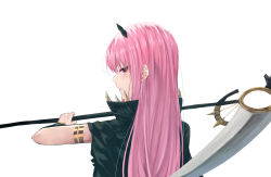 Rule 34 | 1girl, armlet, from side, highres, holding, holding scythe, hololive, hololive english, horns, kaze 22, long hair, mori calliope, pink hair, profile, red eyes, scythe, simple background, solo, straight hair, upper body, very long hair, virtual youtuber, white background
