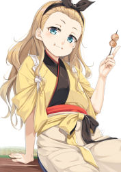 Rule 34 | 1girl, arm support, black hairband, blonde hair, blue eyes, blush, closed mouth, commentary request, dango, eating, fingernails, food, hairband, holding, holding food, japanese clothes, kimono, kurumi (lycoris recoil), long hair, long sleeves, looking at viewer, lycoris recoil, miri (ago550421), simple background, sitting, solo, wagashi, wavy mouth, white background, yellow kimono