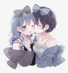 Rule 34 | 2girls, :d, asahina mafuyu, bad id, bad pixiv id, bare shoulders, black bow, black dress, black hair, blue bow, blue eyes, blue hair, blue sweater, blush, bow, breasts, brown sweater, cleavage, closed eyes, collarbone, commentary, crescent, crescent moon, crescent necklace, dress, grey background, grey dress, hair between eyes, hair bow, hand up, highres, jewelry, medium breasts, medium hair, moon, multiple girls, necklace, o3o, off shoulder, one eye closed, open mouth, pendant, project sekai, puckered lips, short hair, simple background, sionoe, small breasts, smile, spaghetti strap, sweater, upper body, yoisaki kanade, yuri